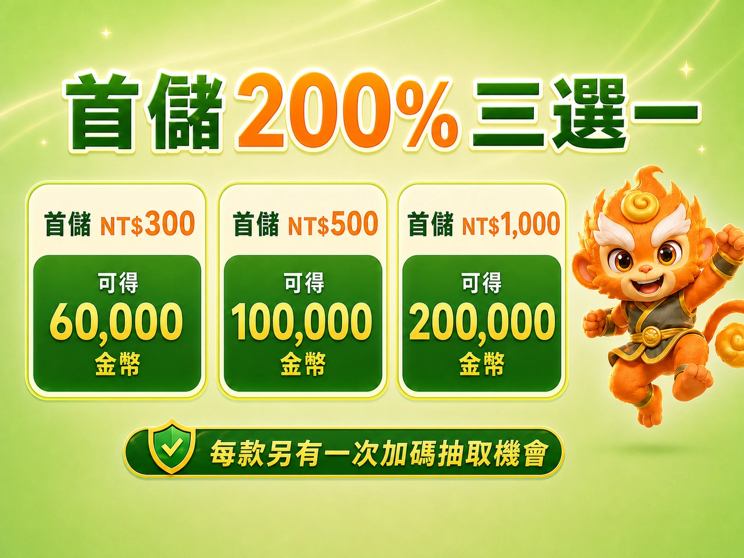 新會員首儲 200% 回饋｜三種禮包任選一款